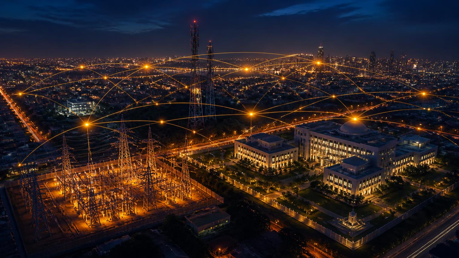 Critical infrastructure and government facilities at night